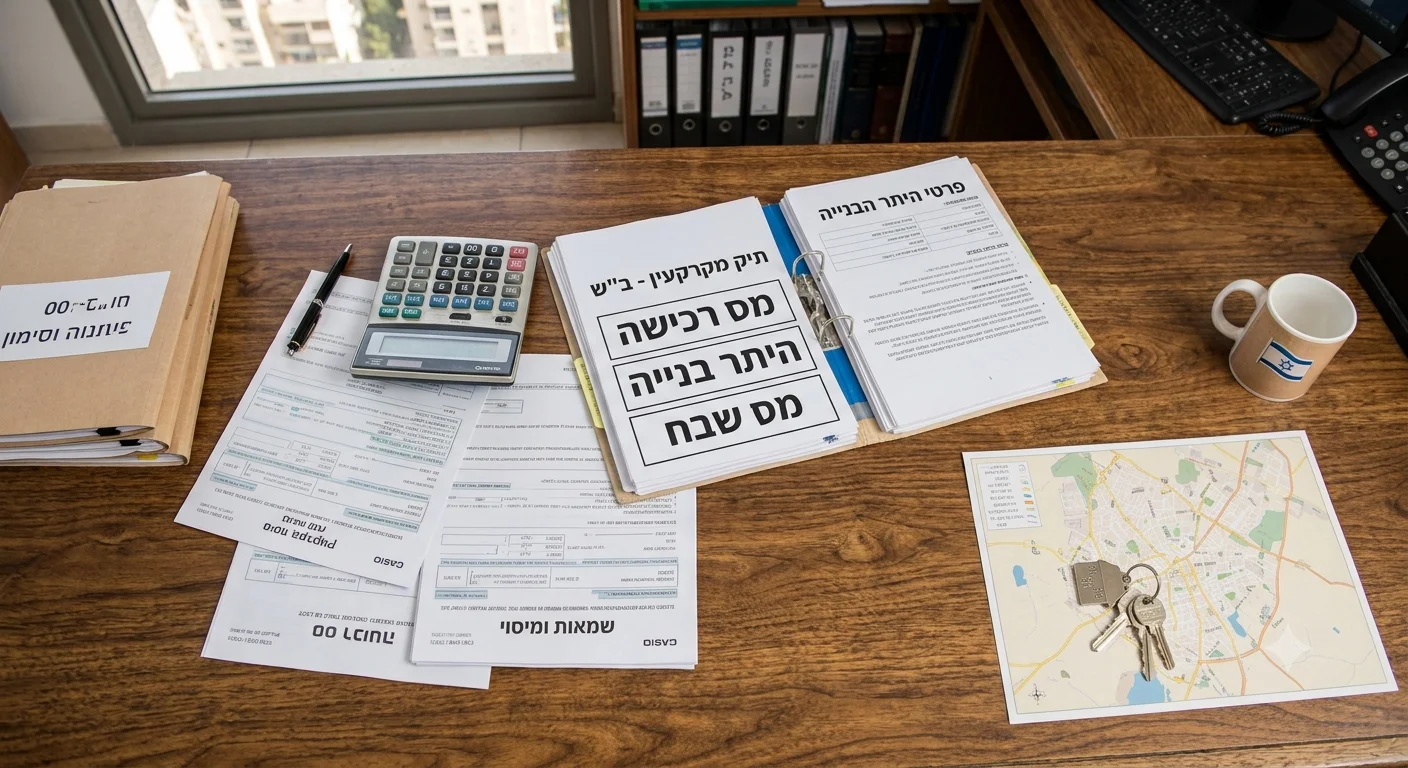 שולחן עבודה עם מסמכים, מחשבון, מפה, מפתחות וספל. על השולחן מונחים מסמכים שכותרתם "מס רכישה", "מס שבח" ו"תיק מקדמי - בית".