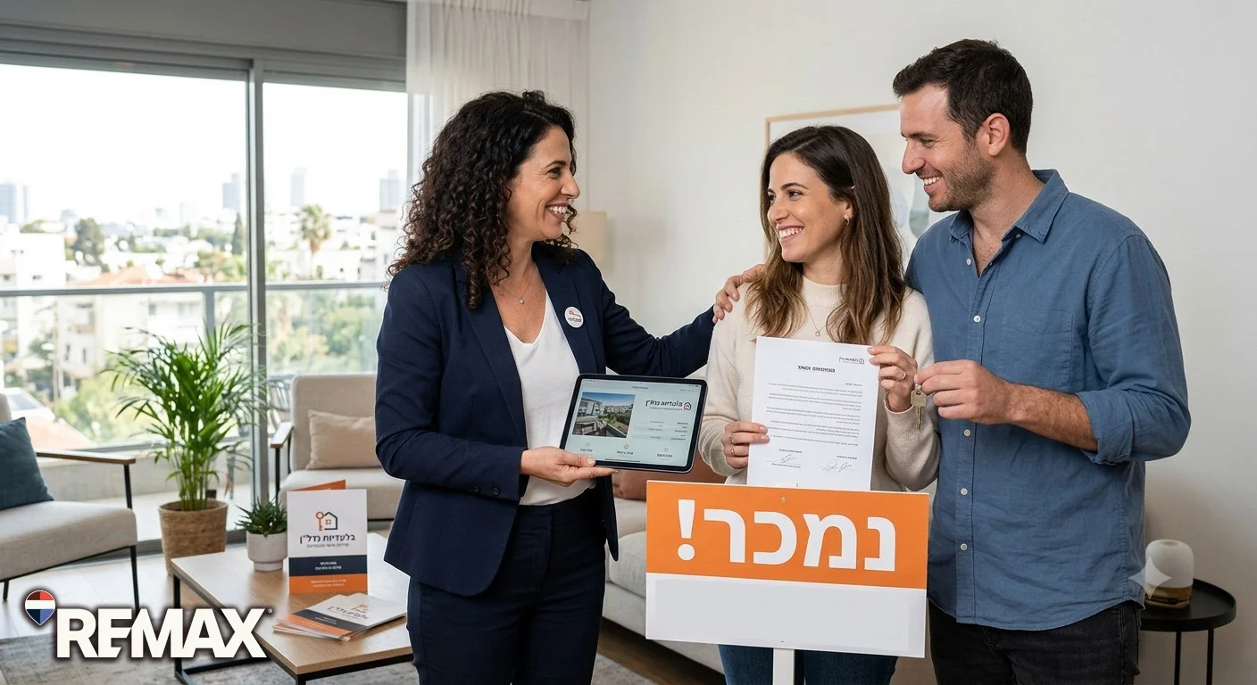 מתווכת מציגה לזוג צעיר חוזה מכר על טאבלט, כאשר שלט 'נמכר!' מונח לפניהם