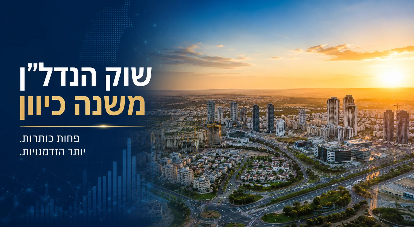 נוף אורבני של עיר עם גורדי שחקים בשקיעה, לצד גרף נתונים, תחת הכותרת 'שוק הנדל"ן משנה כיוון'.