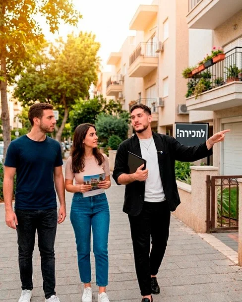 סוכן נדל"ן מציג בניין לזוג צעיר במהלך סיור בשכונה.