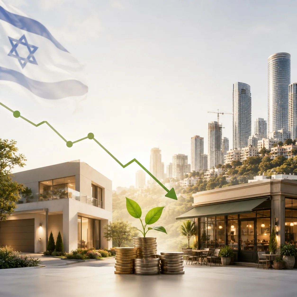 דגל ישראל מתנופף מעל נוף עירוני הכולל בנייני משרדים, בית פרטי, בית קפה וערימת מטבעות עם נבט צומח, כאשר גרף יורד מסומן בירוק.