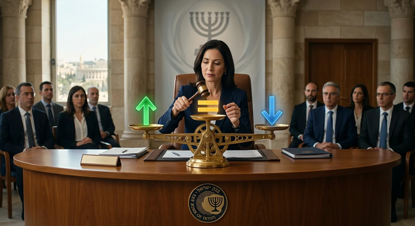אישה שופטת מניחה פטיש על מאזניים, כאשר חצים ירוקים כלפי מעלה בצד אחד וחצים כחולים כלפי מטה בצד השני, על רקע אולם בית משפט עם